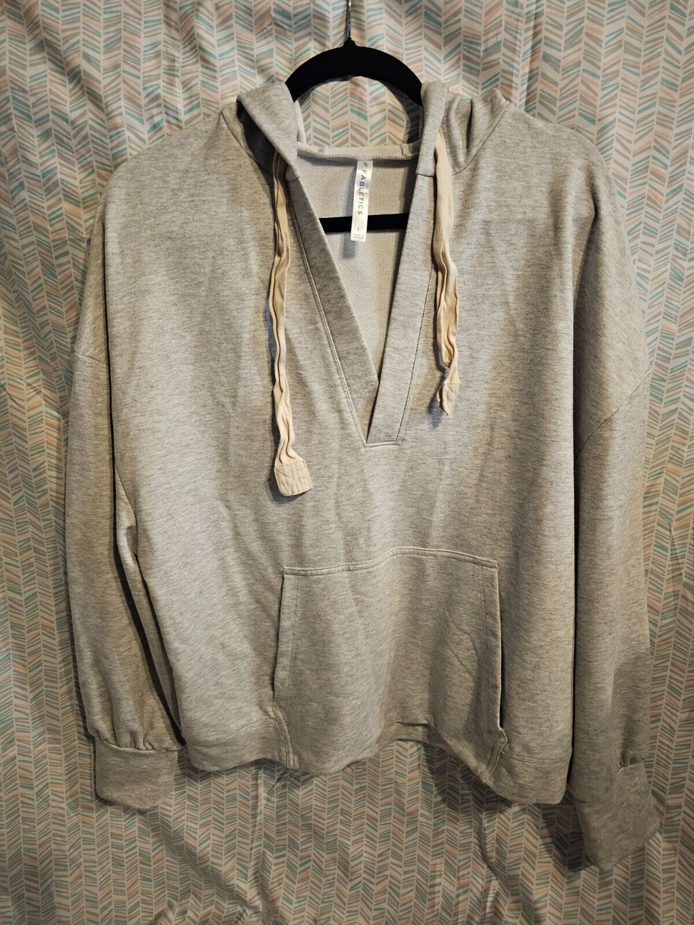 Fabletics Women's Gray Hoodie Drawstring V-Nick Pullover Sweater Size L